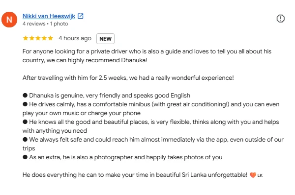 Screenshot of the five-star review Nikki van Heeswijk left for D’Bro Sri Lanka Travels on Google