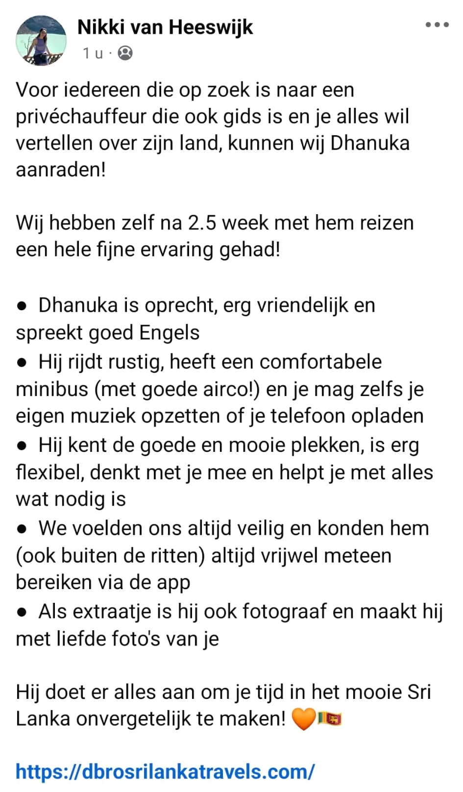 Screenshot of Nikki van Heeswijk’s Dutch recommendation of D’Bro Sri Lanka Travels in the Sri Lanka Backpackers Facebook group