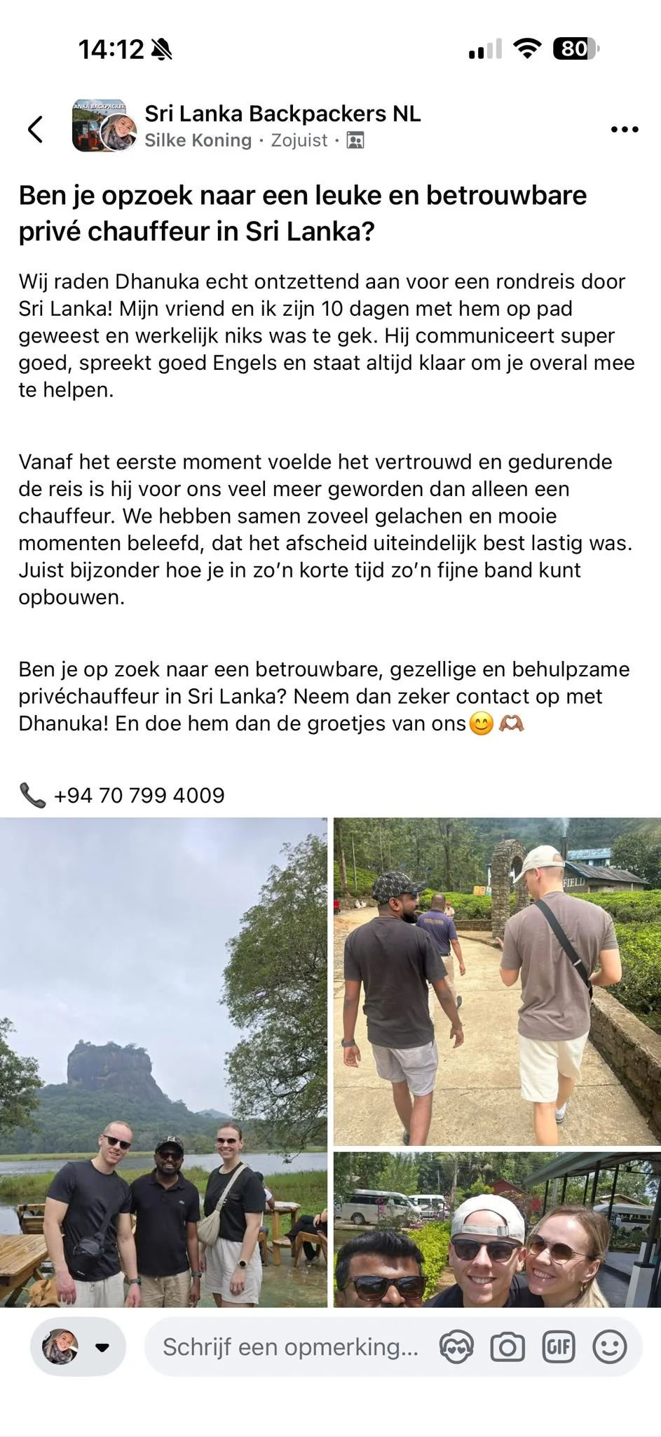 Facebook post from Silke Koning in the Sri Lanka Backpackers NL group recommending Dhanuka, with trip photos from Sigiriya and a tea estate