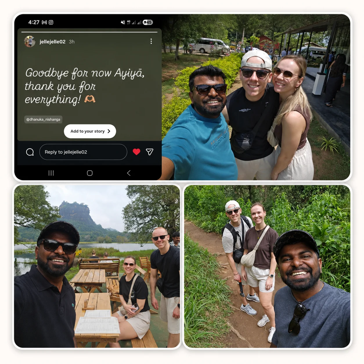 Instagram story from Jelle thanking Dhanuka, alongside trip photos at Sigiriya and on a jungle hike