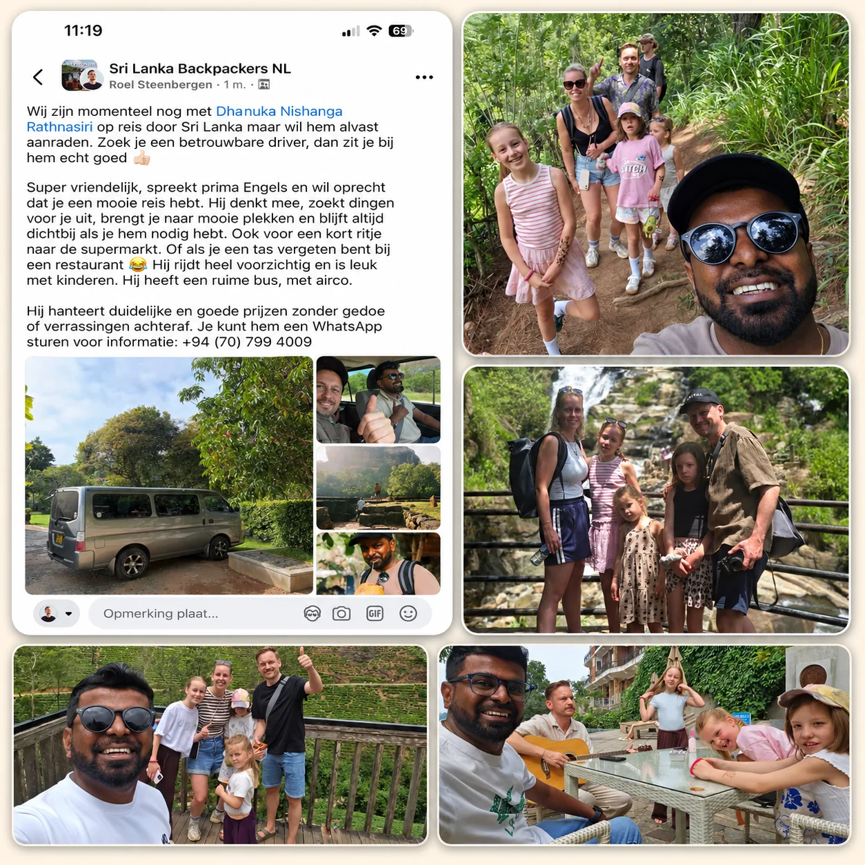 Facebook post from Roel S. recommending Dhanuka, surrounded by photos of his family of five travelling Sri Lanka