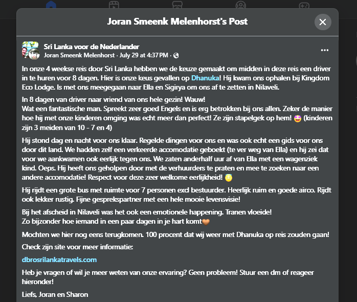 Screenshot of Joran's Facebook post as originally written in Dutch, in the Sri Lanka voor de Nederlander group