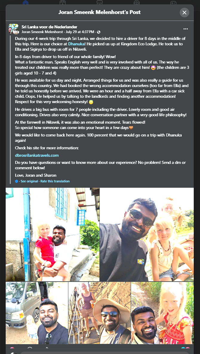 Screenshot of Joran's Facebook post about the trip, shown in Facebook's English translation, above a grid of the family's own photos with Dhanuka