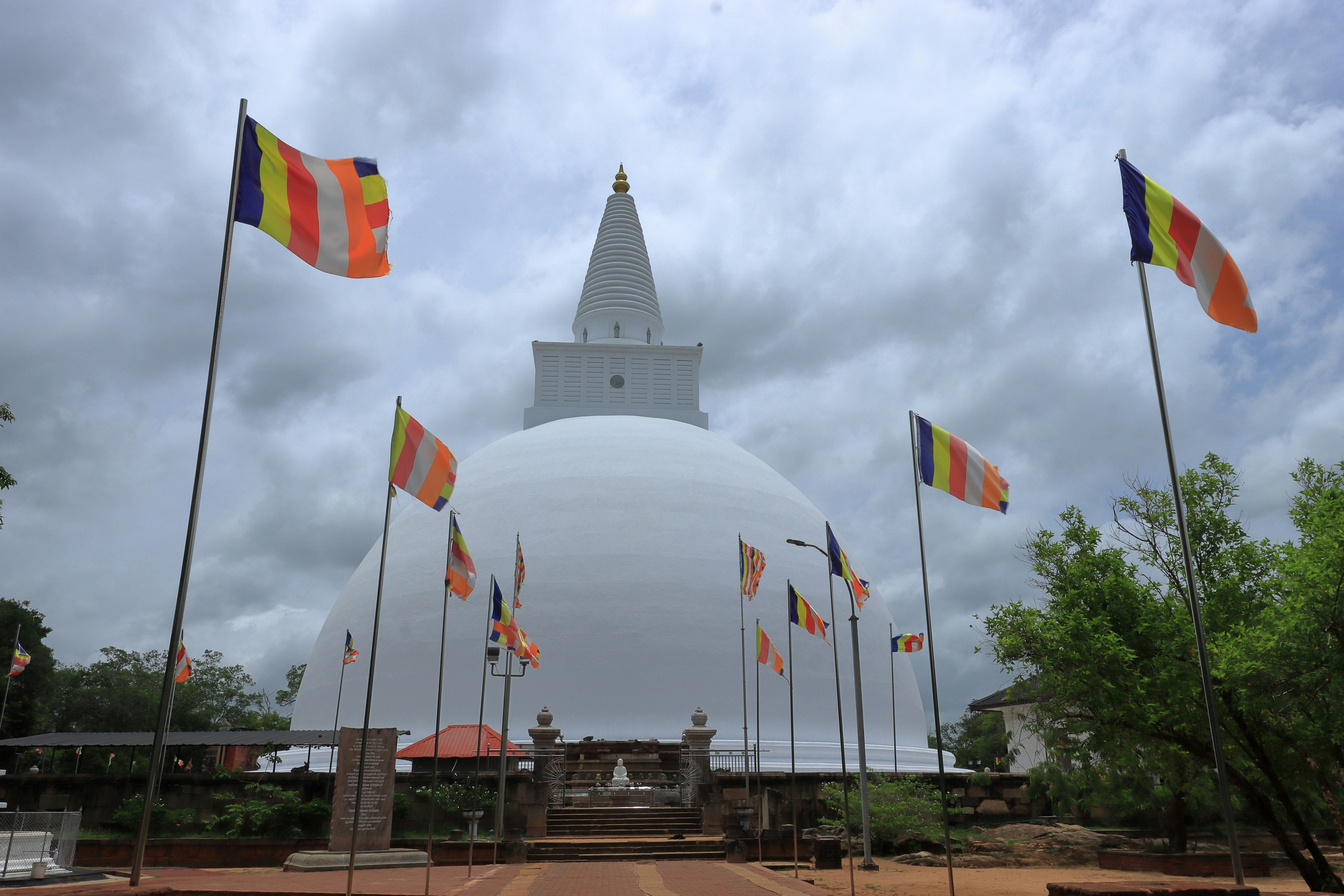 Buddhist prayer flags strung at Anuradhapura sacred site