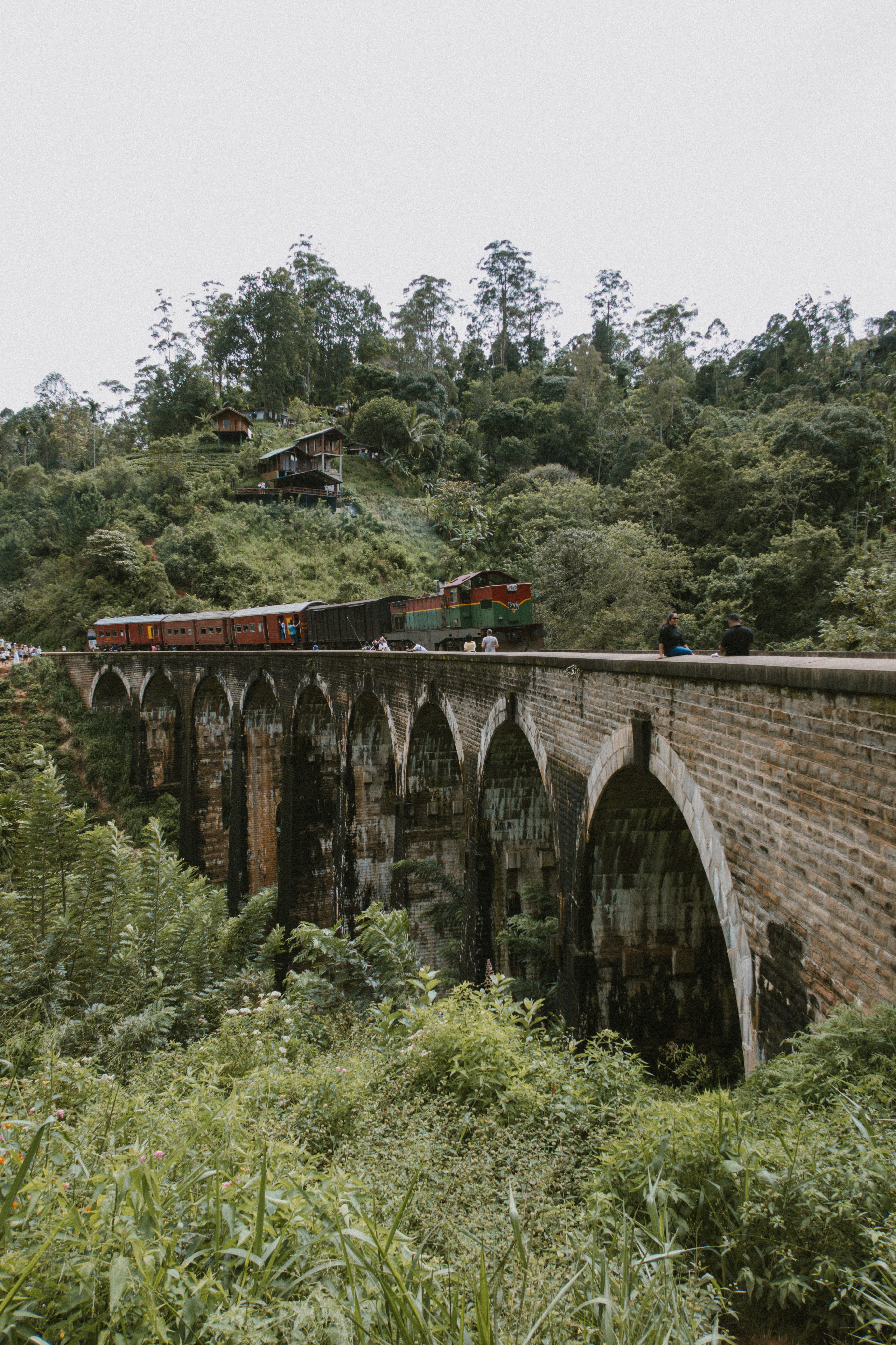 Blue train crossing the Nine Arches Bridge, Demodara